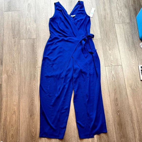 NWT London Style Collection Azure Blue Wrapover Jumpsuit Size 16 - Picture 1 of 8
